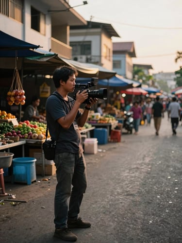 Wide environmental shot from left edge — a Cambodian videographer on location in a Phnom Penh street market, camera held steady, golden afternoon light raking across market stalls behind them, subject slightly left of center with open space to the right, natural daylight, no flash