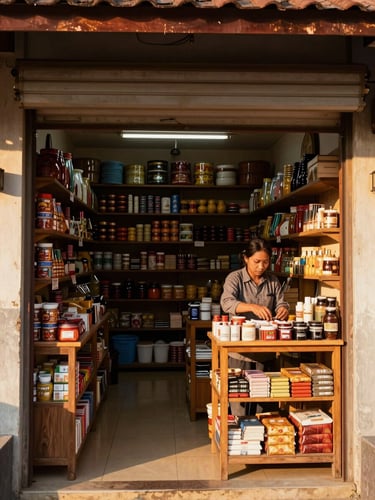 Wide interior shot of a Cambodian small business storefront — warm afternoon light streaming through a open shopfront, shelves of goods visible in the background, a business owner's hands arranging products on a wooden counter in the foreground, natural golden hour tone, environmental context showing a real local shop