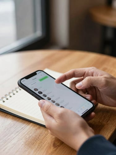 Close-up of hands typing a message on a smartphone resting on a wooden café table, natural window light from the left, a small notebook open beside the phone, shallow depth of field