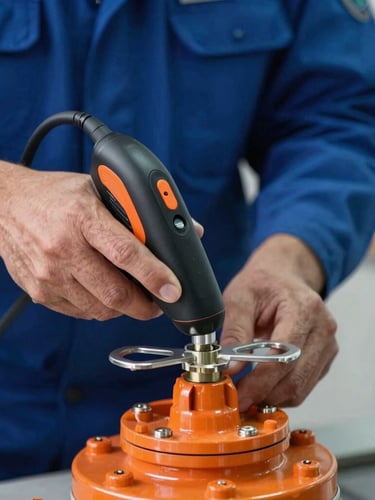Primer plano cinematográfico de manos de un técnico uniformado utilizando un detector de fugas por ultrasonido en la válvula de un cilindro naranja, iluminación de alto contraste azul y naranja.