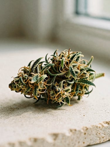 Macro editorial photograph of a pristine, trichome-rich cannabis bud on a textured cream stone surface, soft natural window light, warm shadows, 35mm film look