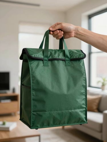 A close-up of a professional hand in a clean, modern Manhattan apartment holding a sleek, unmarked forest green paper delivery bag, soft natural window light