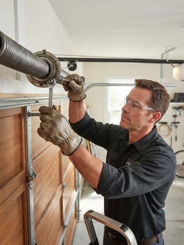 Professional technician inspecting a garage door mechanism, hands on a heavy-duty torsion spring, bright garage interior lighting, sharp focus, residential garage in background