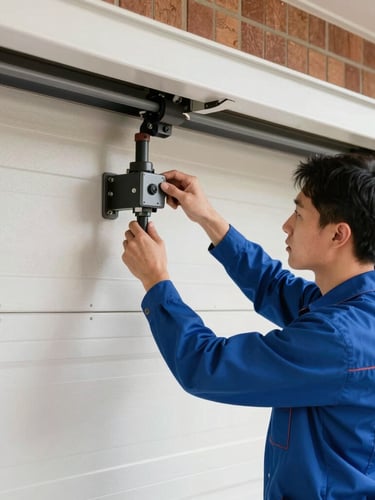 A professional technician in a clean uniform, seen from the side, carefully adjusting a garage door mechanism inside a well-lit residential garage, hands in focus, crisp editorial photography, bright natural daylight.