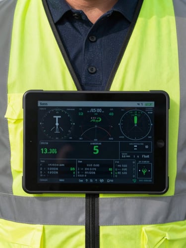 Technical close-up of a high-vis safety vest and a digital tablet displaying flight telemetry data, bright daylight, sharp focus, 35mm