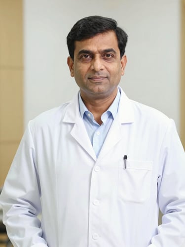 A professional portrait of Dr. Ganesh Choudhary (PT) in a bright, modern clinical setting. He is wearing a clean white doctor's coat, looking confident and approachable, soft gold and white tones in the background, editorial 35mm clinical photography.