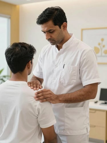 Dr. Ganesh Choudhary (PT) performing a precise manual therapy adjustment on a patient's shoulder in a bright, modern clinic setting, warm gold accents, professional clinical photography