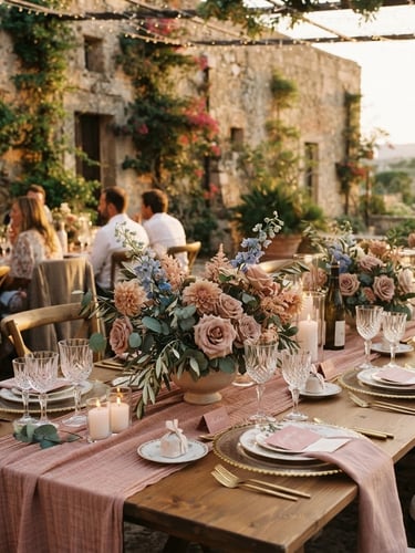 Elegant outdoor wedding reception table in Sicily, soft dusty rose fabrics, warm golden-hour light, rustic stone walls, beautiful floral arrangements.