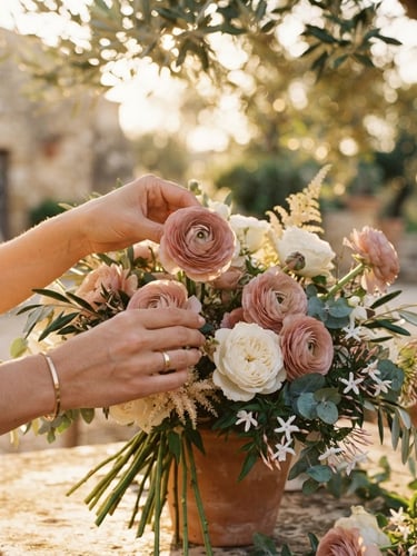 Close-up of elegant hands arranging delicate dusty rose ranunculus and white garden roses, warm golden-hour Sicilian sun filtering through olive leaves, shallow depth of field, warm editorial photography