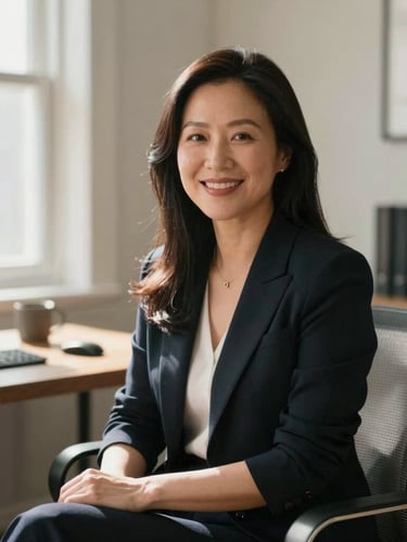 A warm, professional portrait of Christina Zhang in natural light, sitting in a bright Ontario home office with soft daylight streaming in.