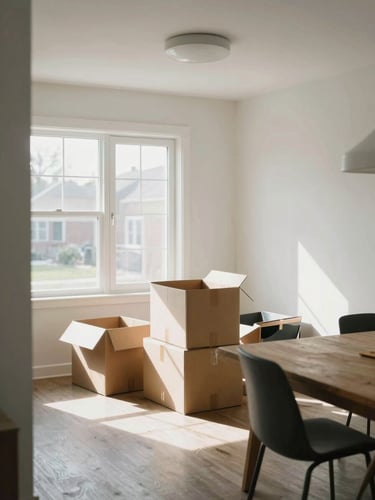 A bright, modern Ontario residential interior with soft natural daylight illuminating a clean living space with unpacked boxes near a wooden table, candid atmosphere.