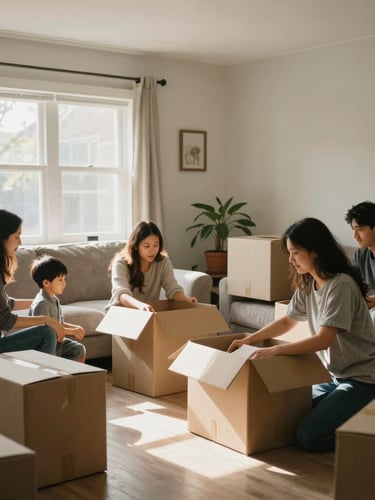 Candid moment of a family unpacking boxes in a sunlit Ontario living room, soft natural daylight, warm atmospheric framing.