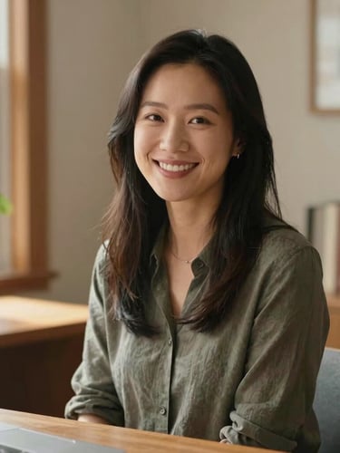 A warm environmental portrait of Christina Zhang in natural daylight, smiling warmly inside a bright Ontario home office with soft wooden textures in the background
