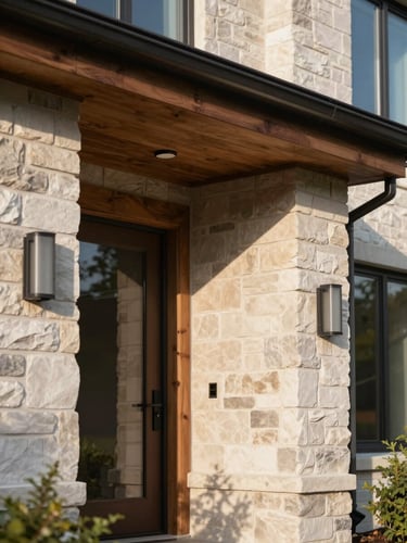 A close-up architectural detail of a modern Ontario home entrance, warm natural daylight casting soft shadows on clean stone and wood facade, environmental framing.
