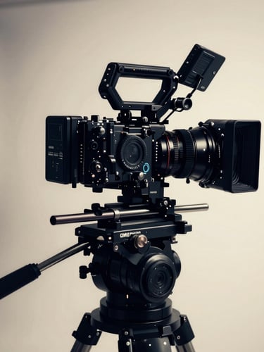 A high-end cinematic camera rig on a professional studio set, dramatic lighting with deep navy shadows and warm cream highlights, crisp details, 35mm lens