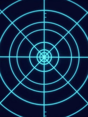 Macro close-up of a glowing digital radar sweep, concentric rings in sharp cyan, technical telemetry data, deep navy background.