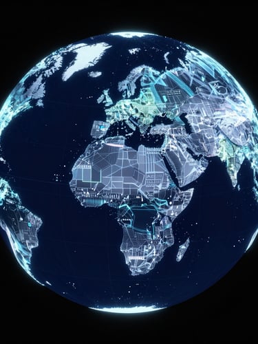 Abstract 3D render of a glowing digital globe with vector data overlays, deep navy and black background, high-contrast orthographic radar sweep.