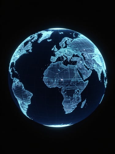 abstract 3d render of a glowing vector globe, deep navy and black, high-contrast digital telemetry, orthographic view