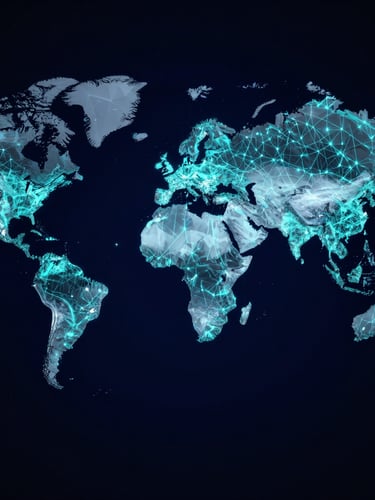 Abstract orthographic vector map of global maritime corridors, glowing cyan node connections on deep navy background, high-contrast technical telemetry