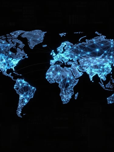 Abstract network node graph of global flight corridors, glowing blue lines connecting coordinates, high-contrast digital overlay, black background.