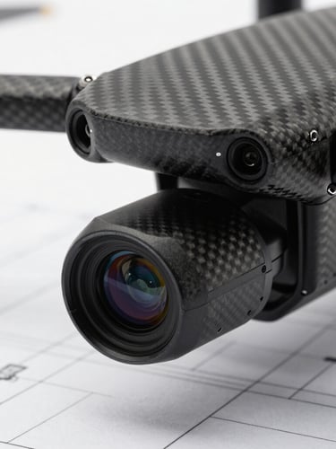 Extreme close-up of a commercial drone sensor payload, carbon fiber housing, crisp studio lighting, technical blueprint grid background.