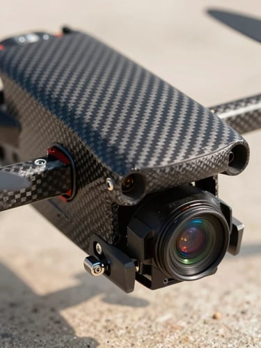 Extreme close-up of a carbon fiber drone chassis with a multi-spectral sensor payload, crisp daylight highlighting technical mechanics, studio lighting style.