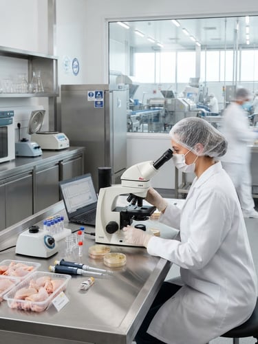Bright high-tech laboratory inside a modern poultry processing facility, clean stainless steel equipment, professional quality inspector in white protective gear examining samples, sharp focus