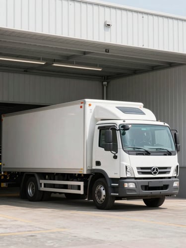 Modern refrigerated cargo truck parked at a clean, high-tech loading dock of a poultry facility, bright daylight, professional architectural framing