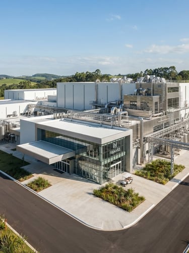 Wide-angle architectural photograph of the state-of-the-art Nova Friaves industrial facility in Nova Erechim, bright clean daylight, stainless steel accents, pristine biosecurity environment
