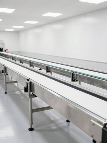 Wide environmental shot of a spotless modern poultry processing line, stainless steel conveyor belts, bright high-key lighting, clean industrial architecture