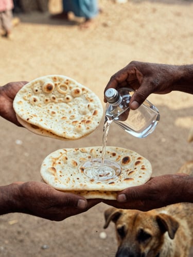 Close-up documentary shot of local hands offering fresh flatbreads and clean water to a street dog in Satna, warm dusty golden hour light, authentic street-level framing, 35mm film style.