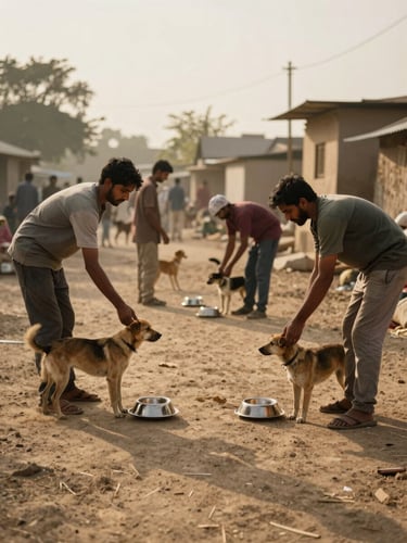 A wide environmental shot of local volunteers in Satna distributing food bowls to street dogs under warm golden hour light, dusty earth tones, authentic documentary style.