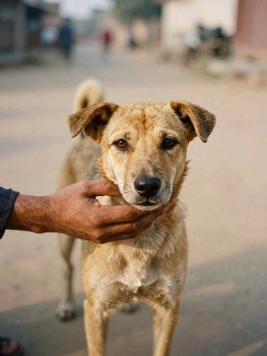 A close-up portrait of a street dog being gently patted by a volunteer's hand, warm golden hour light, dusty street background in Satna, 35mm film style.