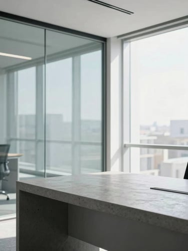 Bright, daylight-filled modern office corner, clean glass partition reflecting architectural steel lines, minimalist concrete desk, cool slate tones, negative space.