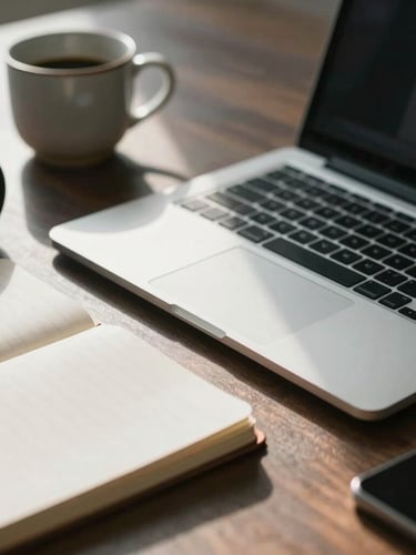 A close-up of a clean, organized physical workspace with a high-end laptop, a notebook, and a ceramic cup in cool morning light