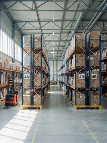 A clean, modern warehouse interior with organized racking systems, bright natural daylight streaming through high windows, cool-toned accents.