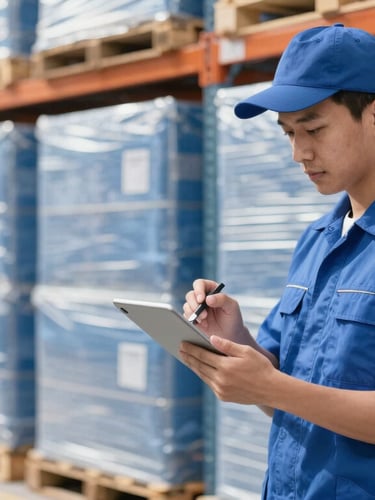 A warehouse worker using a digital tablet to scan a barcode on a neatly stacked pallet, bright natural daylight, clean organized setting