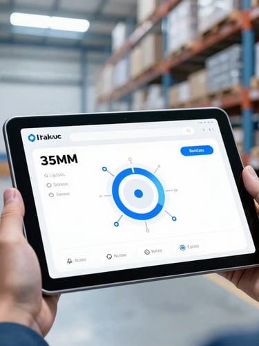 Close-up of a modern tracking interface on a tablet held by a logistics manager, bright clean warehouse background, natural daylight.