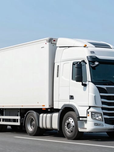 A clean modern semi-truck driving on an open highway under bright daylight, cool blue tones, crisp commercial photography