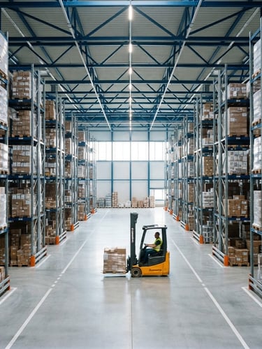 Wide environmental shot of a modern, clean, well-lit warehouse interior with organized high-bay racking systems, bright natural daylight mixed with crisp cool warehouse lighting, sharp focus, professional architectural framing, 35mm