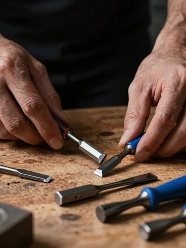 Macro shot of a carpenter's hands selecting chisels on a wooden workbench, high-contrast side-lighting, deep charcoal background, sharp depth of field.