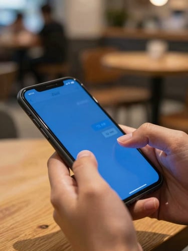 Close-up of hands typing a text message on a modern smartphone, warm side-lighting, blurred background of a cozy local café interior.