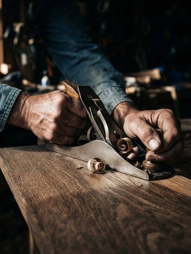 Close-up of a carpenter hands smoothing an oak table with a hand plane, natural side-lighting, deep shadows, clean depth of field, 35mm