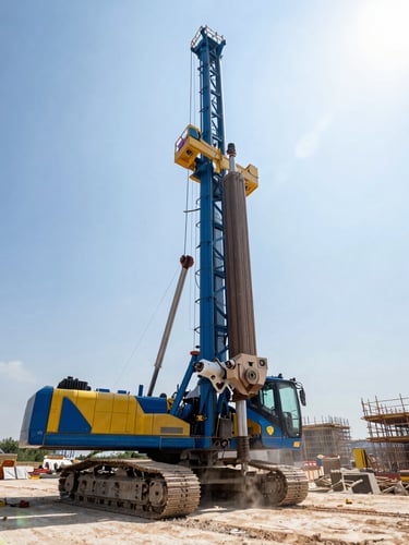 Low-angle wide shot of a massive blue and yellow continuous flight auger drilling rig operating on a sunny construction site, sharp technical details, dust in the light beams