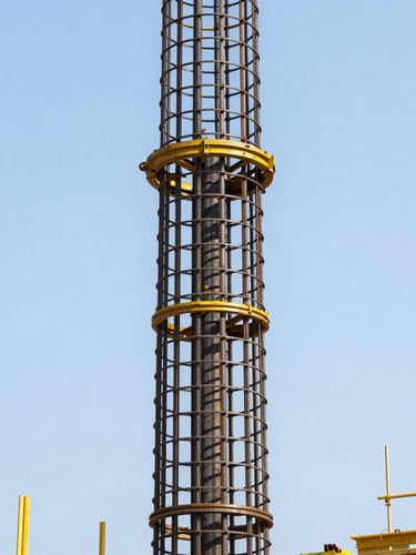 Close-up of a heavy steel reinforcement cage being lowered into a freshly drilled pile hole on an industrial site, bright daylight, high contrast.