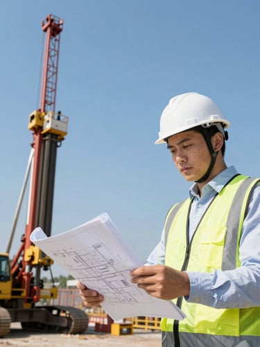Medium shot of a civil engineer in a white hard hat reviewing technical blueprints on a clipboard, with a large drilling rig working in the background under bright daylight