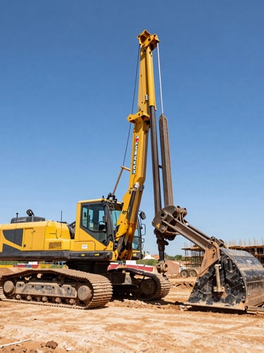 Low-angle wide shot of a heavy soil drilling rig active on a bright, dusty construction site in Brasilia, safety yellow machinery, high-contrast daylight, sharp industrial details.