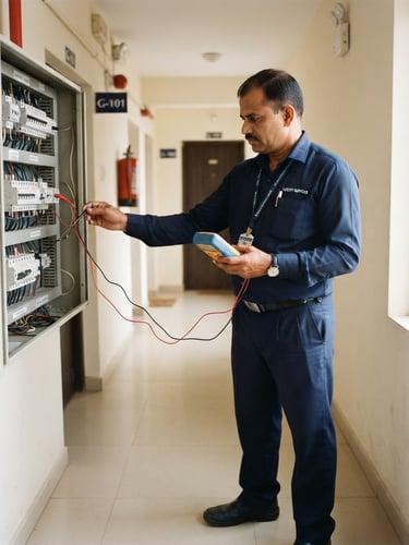 Eye-level candid shot of a professional Indian facility manager in a clean navy uniform inspecting a modern electrical panel in a Bangalore residential community, bright natural daylight, 35mm