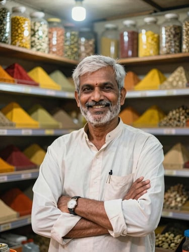 A warm editorial portrait of a smiling local Indian merchant standing proudly inside his well-lit grocery shop in Sakchi, Jamshedpur, with shelves of colorful spices in the background, shot on 35mm with soft natural daylight.