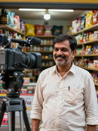 A warm editorial photograph of a smiling Indian shopkeeper standing inside his brightly lit retail store in Jamshedpur, with a professional video camera on a tripod in the foreground capturing him, shallow depth of field, 35mm.